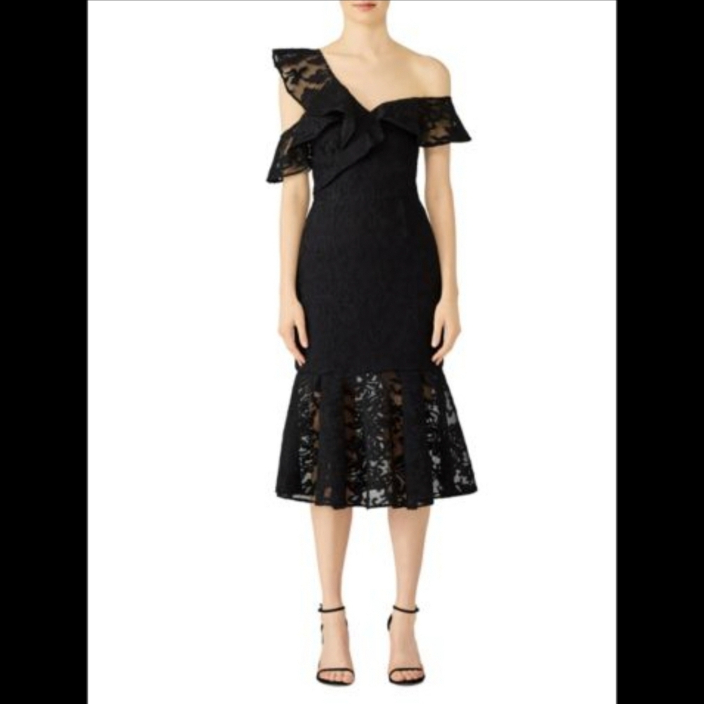 Monique Lhuillier Black Lace Ruffle One Shoulder Midi Dress Size 2